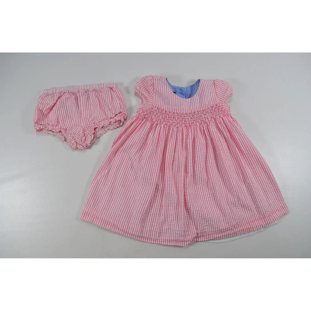 Tommy Hilfiger Vintage‎ Girls Dress Seersucker Pink Striped Size 12-18 Months